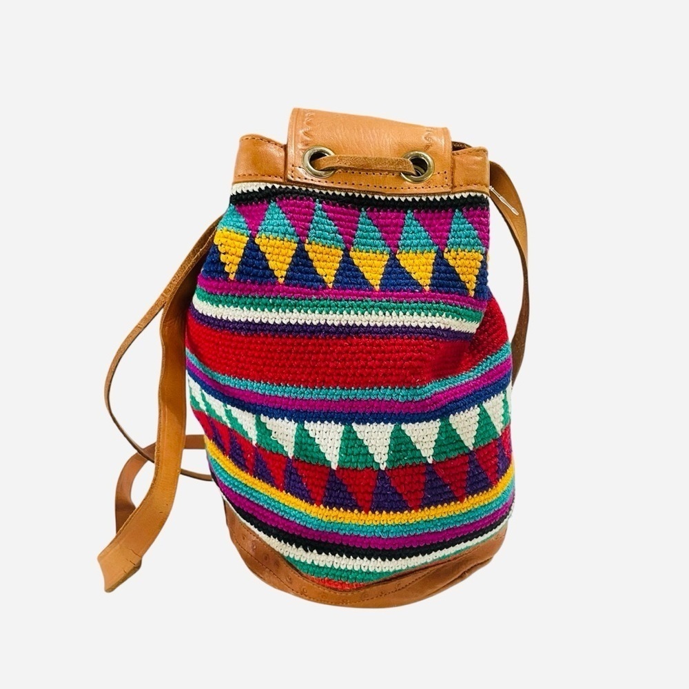 Vintage Handmade Guatemala Boho Multi Color with Leather Trim Bucket Bag - Picture 3 of 15